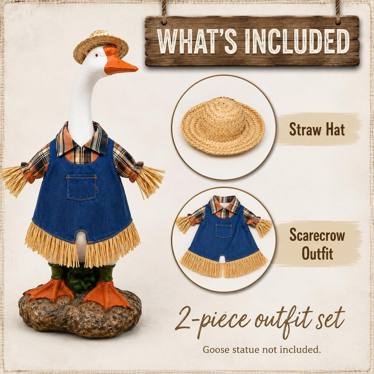 Fall Scarecrow Porch Goose Outfit with Straw Hat