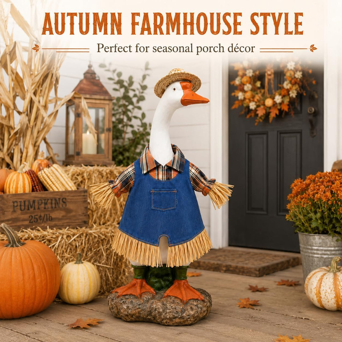 Fall Scarecrow Porch Goose Outfit with Straw Hat