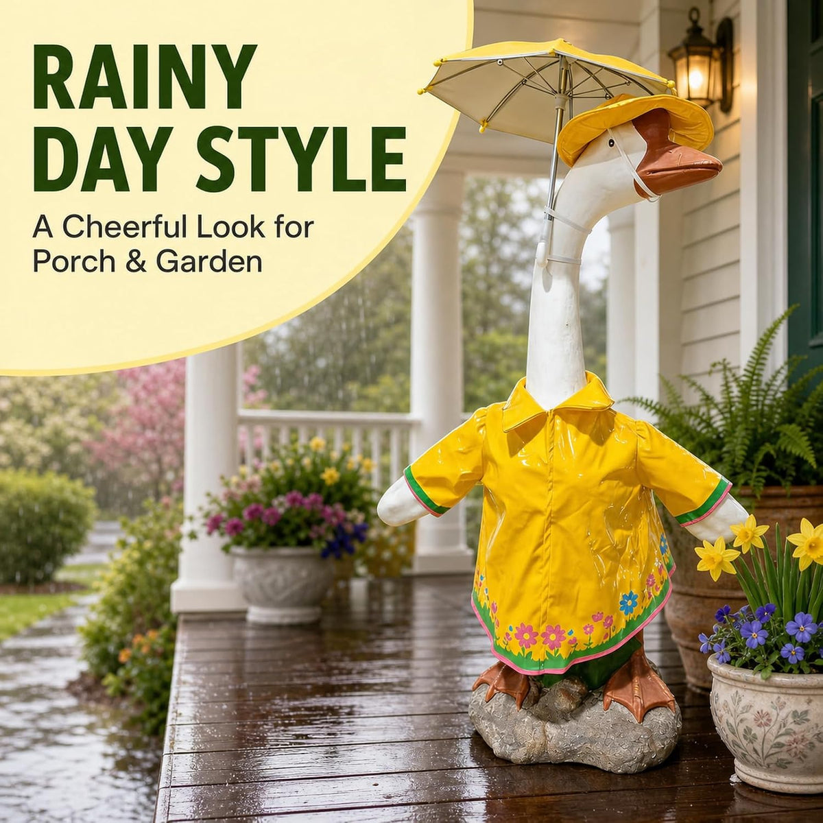 Yellow Raincoat Porch Goose Outfit with Umbrella & Hat