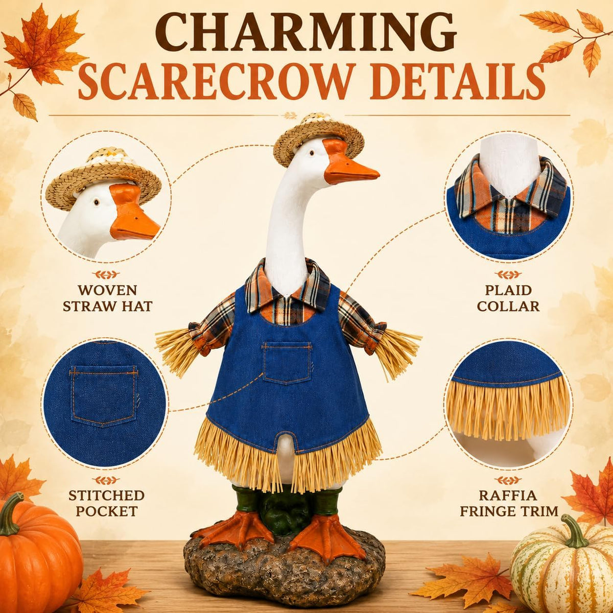 Fall Scarecrow Porch Goose Outfit with Straw Hat